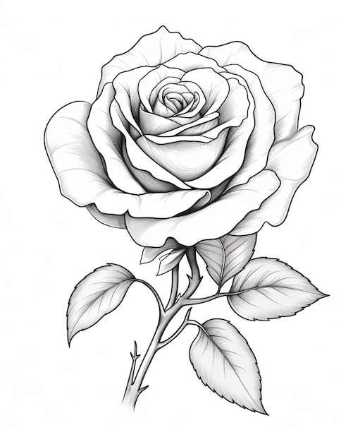 un dibujo de una rosa con hojas en un fondo blanco