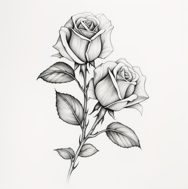 Un dibujo de una rosa con hojas y hojas.