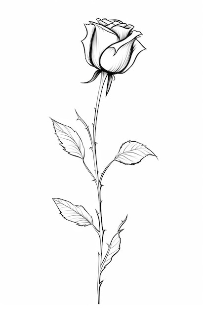 un dibujo de una rosa con hojas en un tallo generativo ai