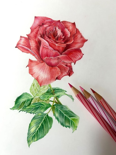 Un dibujo de una rosa con lápices rojos y una rosa roja.