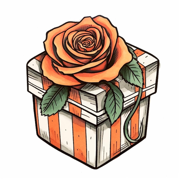 un dibujo de una rosa sentada en la parte superior de una caja a rayas generativa ai