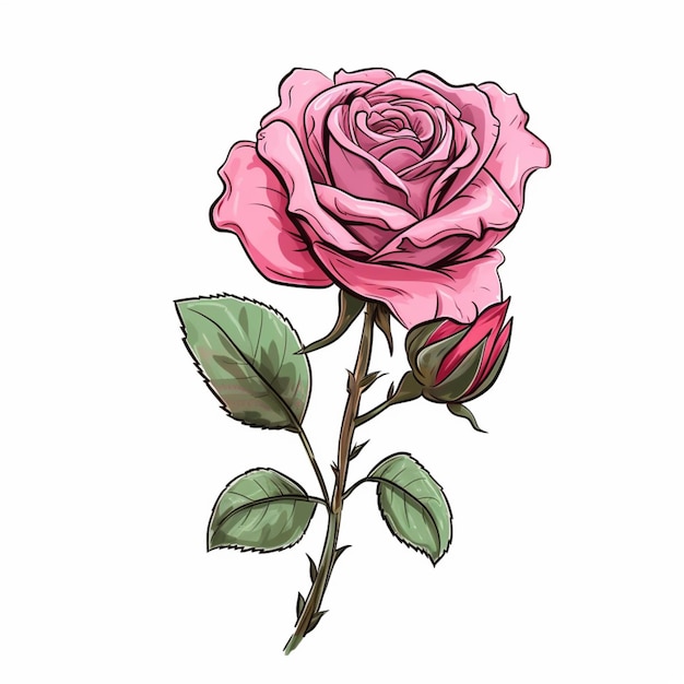 Foto dibujo de una rosa con tallo y hojas ai generativo