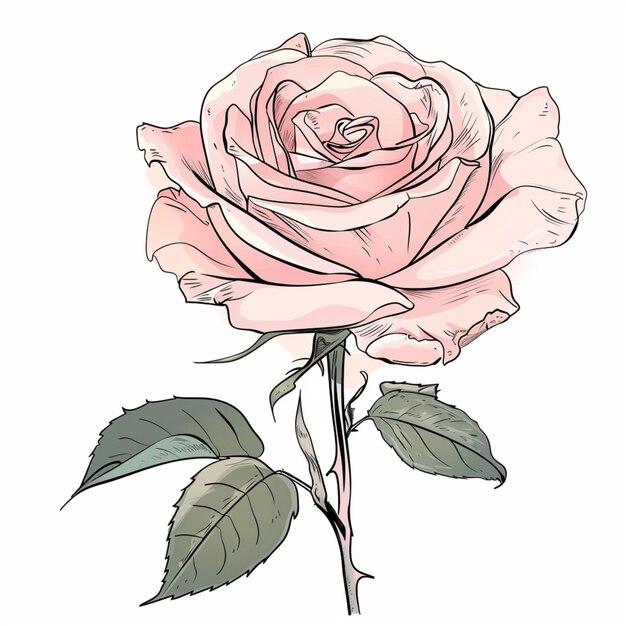 dibujo de una rosa con un tallo y hojas en un fondo blanco