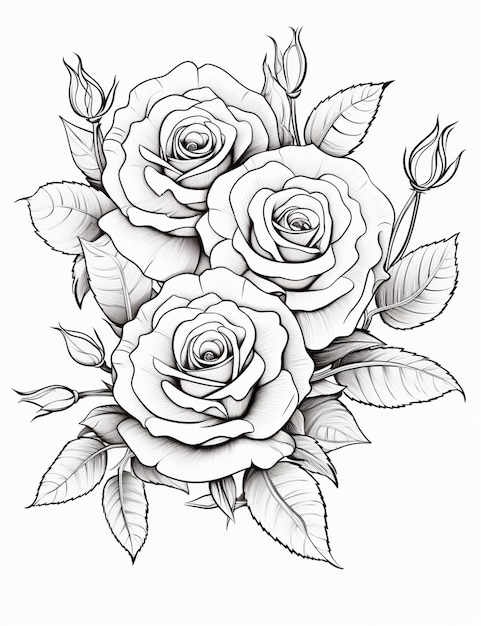 un dibujo de rosas con hojas sobre un fondo blanco ai generativo