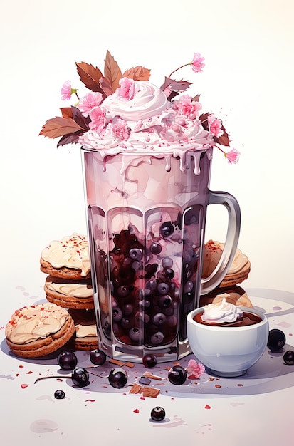 Dibujo con rotulador de una jarra con helado de arándanos y crema con galletas.