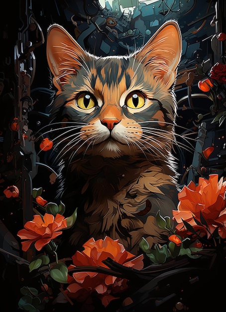 Dibujo con rotuladores de una preciosa gata con flores.