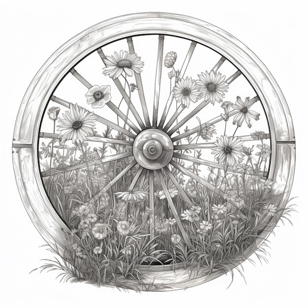 un dibujo de una rueda con flores en la hierba ai generativo
