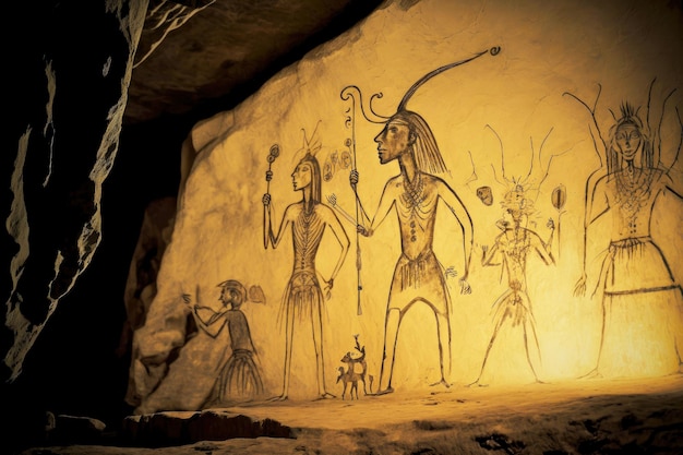 Dibujo rupestre con gente antigua y monstruo alienígena.