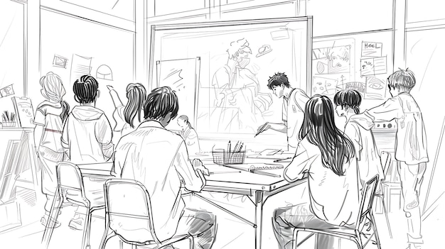 un dibujo de una sala de clases con un dibujado de una escuela
