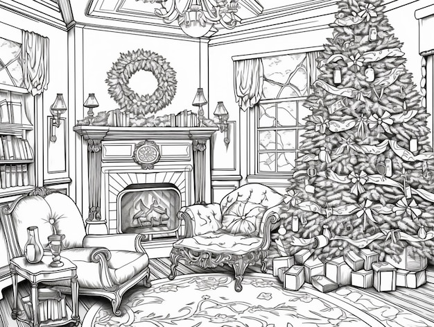 Un dibujo de una sala de estar con un árbol de Navidad y una chimenea generativa ai