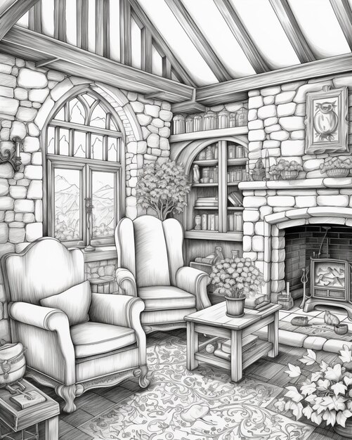 un dibujo de una sala de estar con una chimenea y un sofá generativo ai