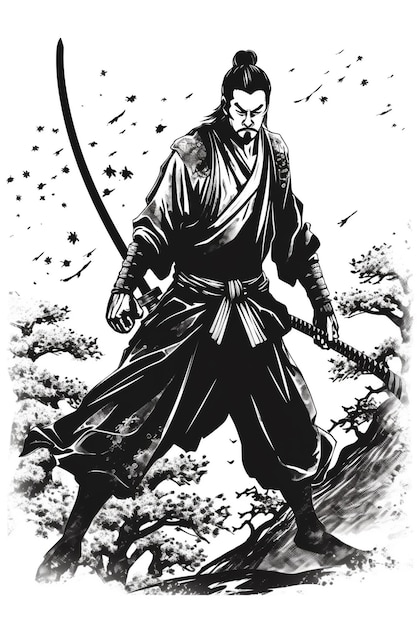 un dibujo de un samurai con una espada en la mano