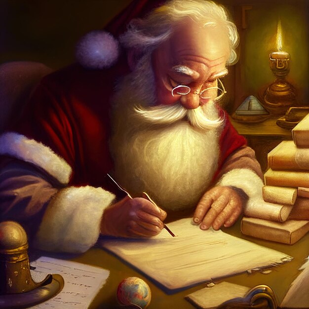 un dibujo de Santa Claus escribiendo en un escritorio con un lápiz