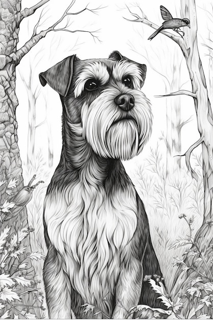 Un dibujo de un schnauzer en el bosque.