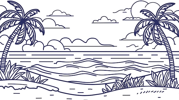 Dibujo sencillo de una playa tropical La imagen presenta palmeras, arena y olas La playa está representada en un simple estilo de dibujos animados