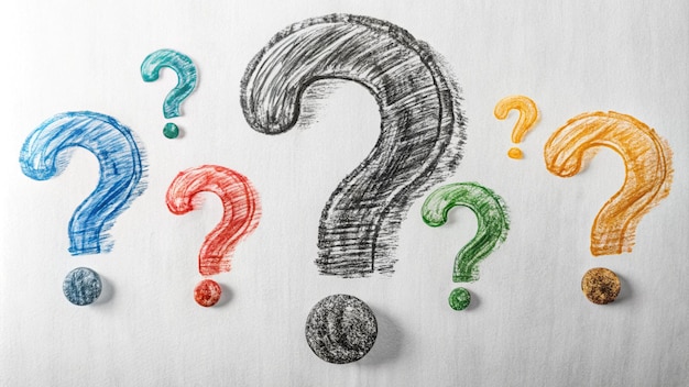 un dibujo de signos de interrogación en una superficie blanca con un círculo negro y un círculo negra con un punto verde
