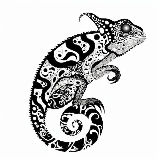 Un dibujo de silueta en blanco y negro de un camaleón