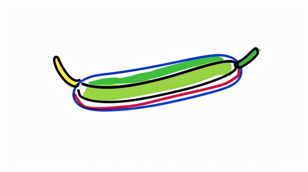 Un dibujo simple de un pepino El pepino es verde con una flor amarilla Está delineado en negro y tiene un borde de rayas rojas y azules