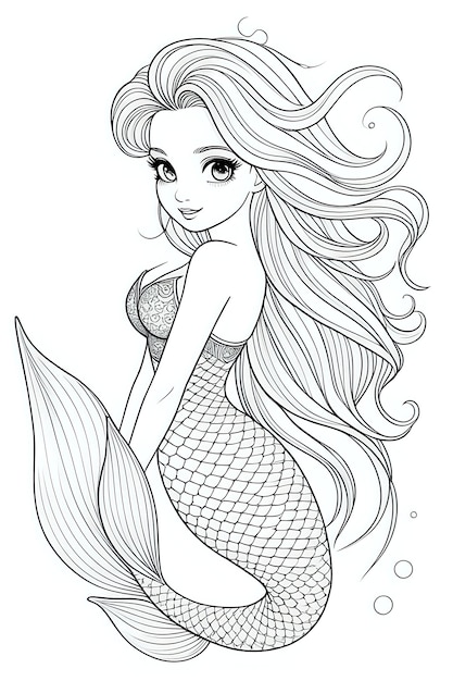 Foto un dibujo de una sirena con cabello largo y cabello largo