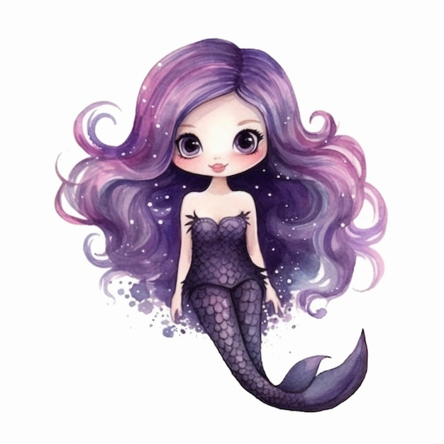 un dibujo de una sirena con cabello púrpura y una cola púrpura generativo ai