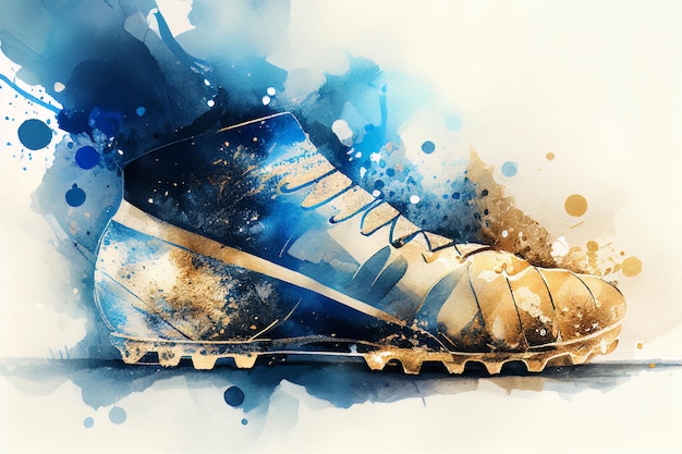 Dibujo sobre papel con zapatillas de fútbol de acuarela en pinturas azules y doradas IA generativa