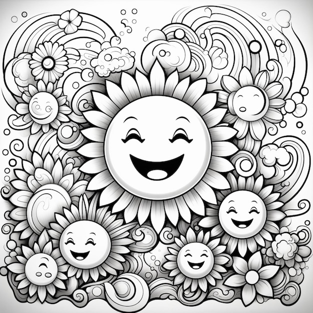 Foto un dibujo de un sol con tres caras sonrientes rodeadas de flores generativas ai