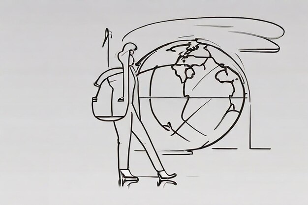 Dibujo de una sola línea de una mujer de negocios frustrada que lleva un globo terrestre en la espalda contaminación industrial recursos naturales