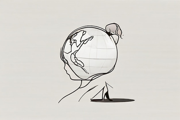 Dibujo de una sola línea de una mujer de negocios frustrada que lleva un globo terrestre en la espalda contaminación industrial recursos naturales
