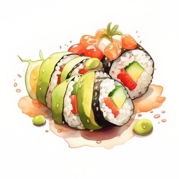 Un dibujo de sushi con un tomate verde encima.