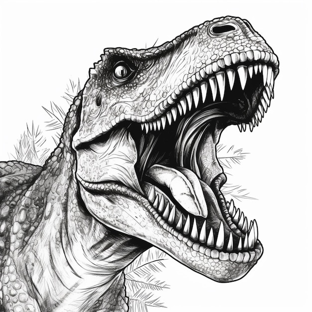 un dibujo de un T-Rex con la boca abierta y los dientes bien abiertos