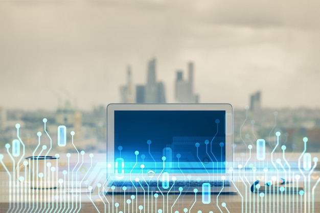Dibujo y tabla sobre el tema de la tecnología con computadora Doble exposición Concepto de información