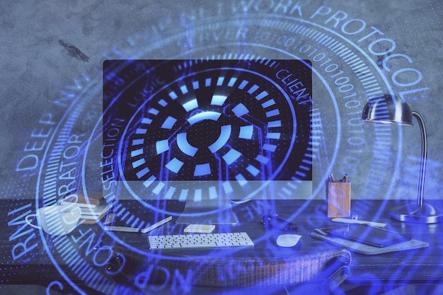Dibujo y tabla sobre el tema de la tecnología con computadora Doble exposición Concepto de información