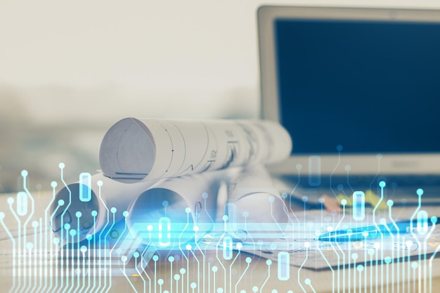 Dibujo y tabla sobre el tema de la tecnología con computadora Doble exposición Concepto de información