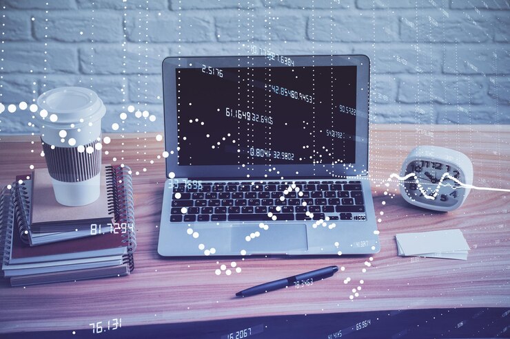 Foto dibujo y tabla sobre el tema de la tecnología con computadora doble exposición concepto de información