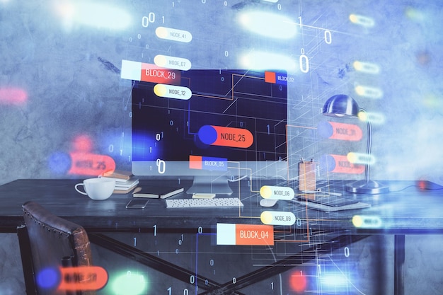 Dibujo y tabla sobre el tema de la tecnología con computadora Doble exposición Concepto de información