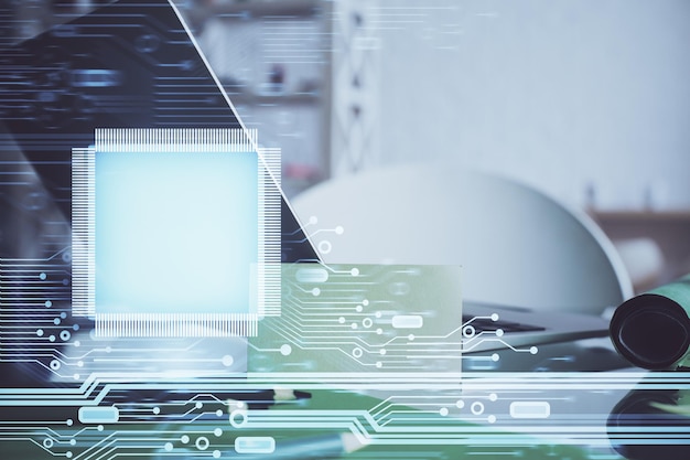 Dibujo y tabla sobre el tema de la tecnología con computadora Doble exposición Concepto de información