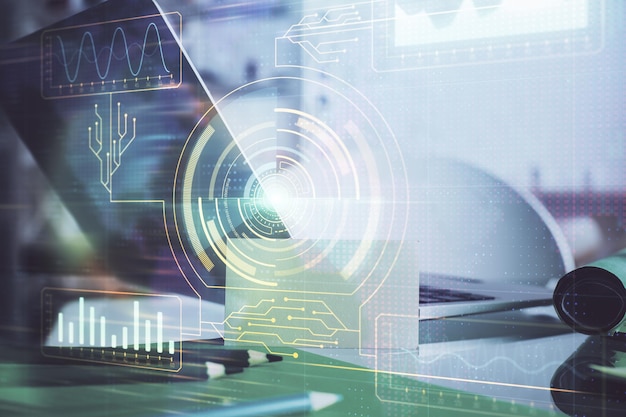 Dibujo y tabla sobre el tema de la tecnología con computadora Doble exposición Concepto de información