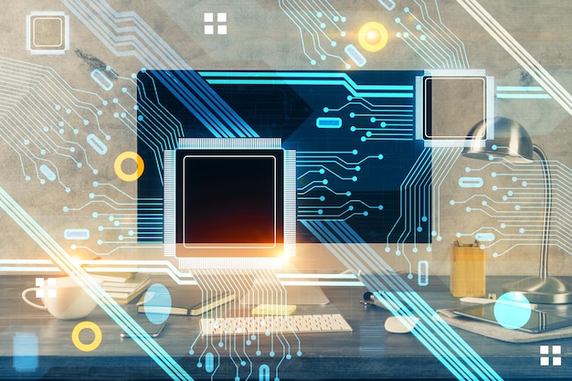 Dibujo y tabla sobre el tema de la tecnología con computadora Doble exposición Concepto de información
