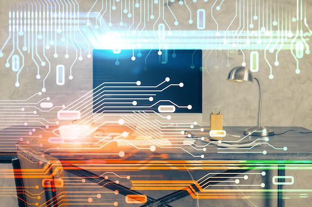 Dibujo y tabla sobre el tema de la tecnología con computadora Doble exposición Concepto de información