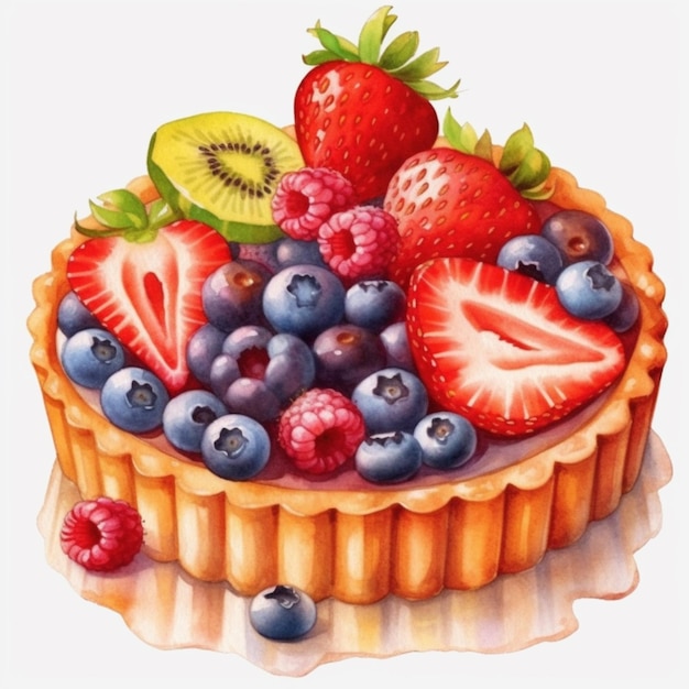 Un dibujo de una tarta de frutas con fresas y kiwis.