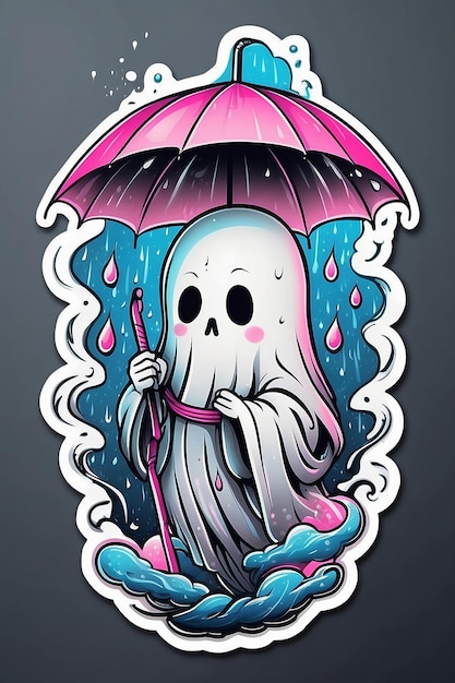 Dibujo de tatuaje de un fantasma sosteniendo un paraguas rosa en una tormenta de lluvia Sticker con contorno