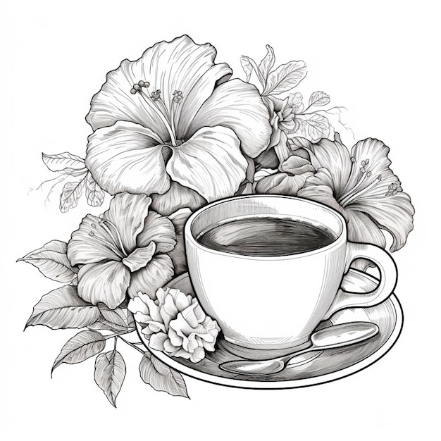 un dibujo de una taza de café con flores en un plato generativo ai