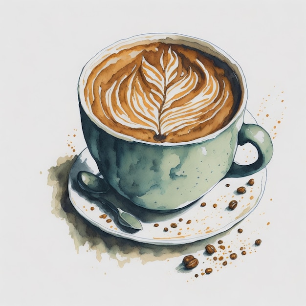 Un dibujo de una taza de café con leche con una hoja