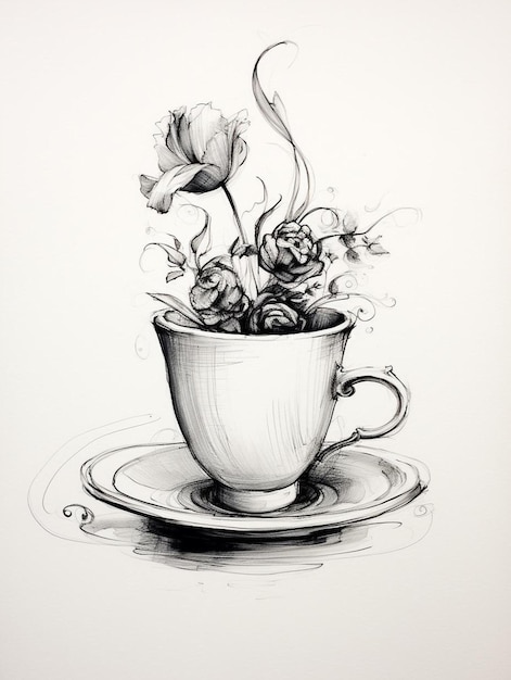 un dibujo de una taza con una flor en ella