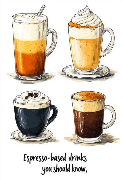 un dibujo de tazas de café y una taza de café