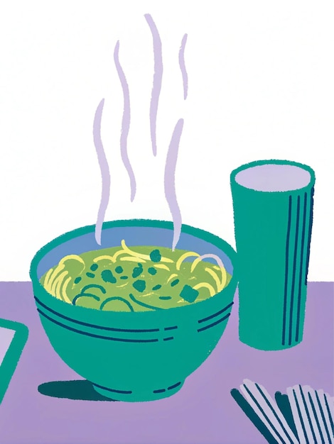 un dibujo de un tazón de fideos con un recipiente verde de fideos