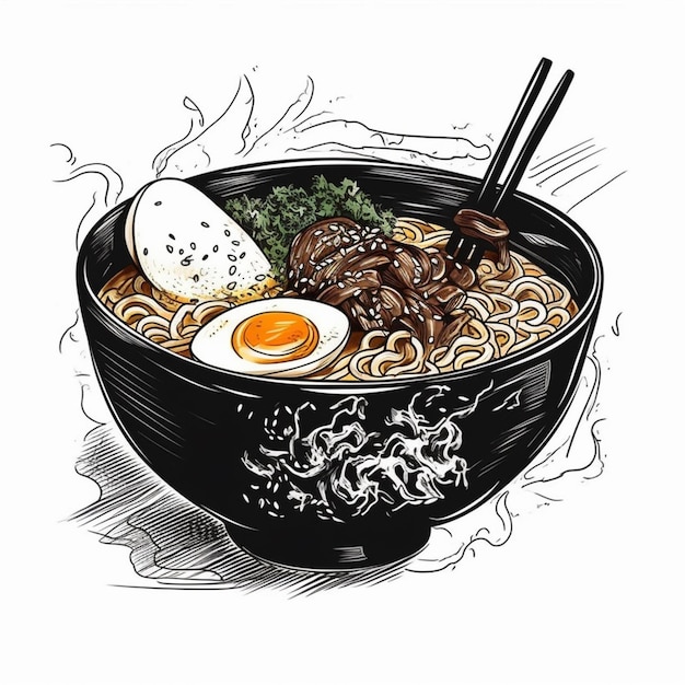 Foto un dibujo de un tazón de ramen con palillos y un huevo generativo ai