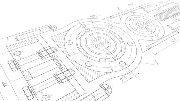 Dibujo técnico Mecanismo giratorio de piezas redondas Ilustración 3D