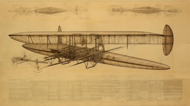 Foto dibujo técnico vintage de un avióntransporte al estilo de bocetos de leonardo da vinci