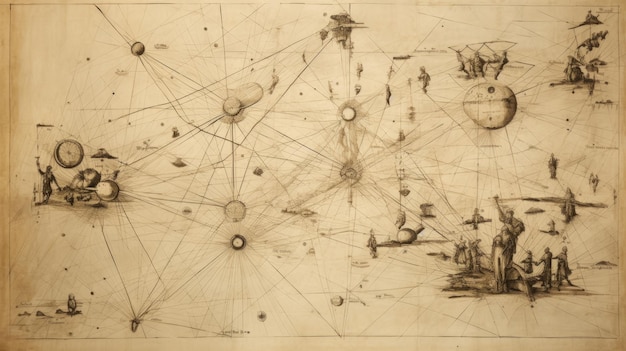 Un dibujo técnico vintage de galaxias con espacio de planetas al estilo de bocetos de da Vinci